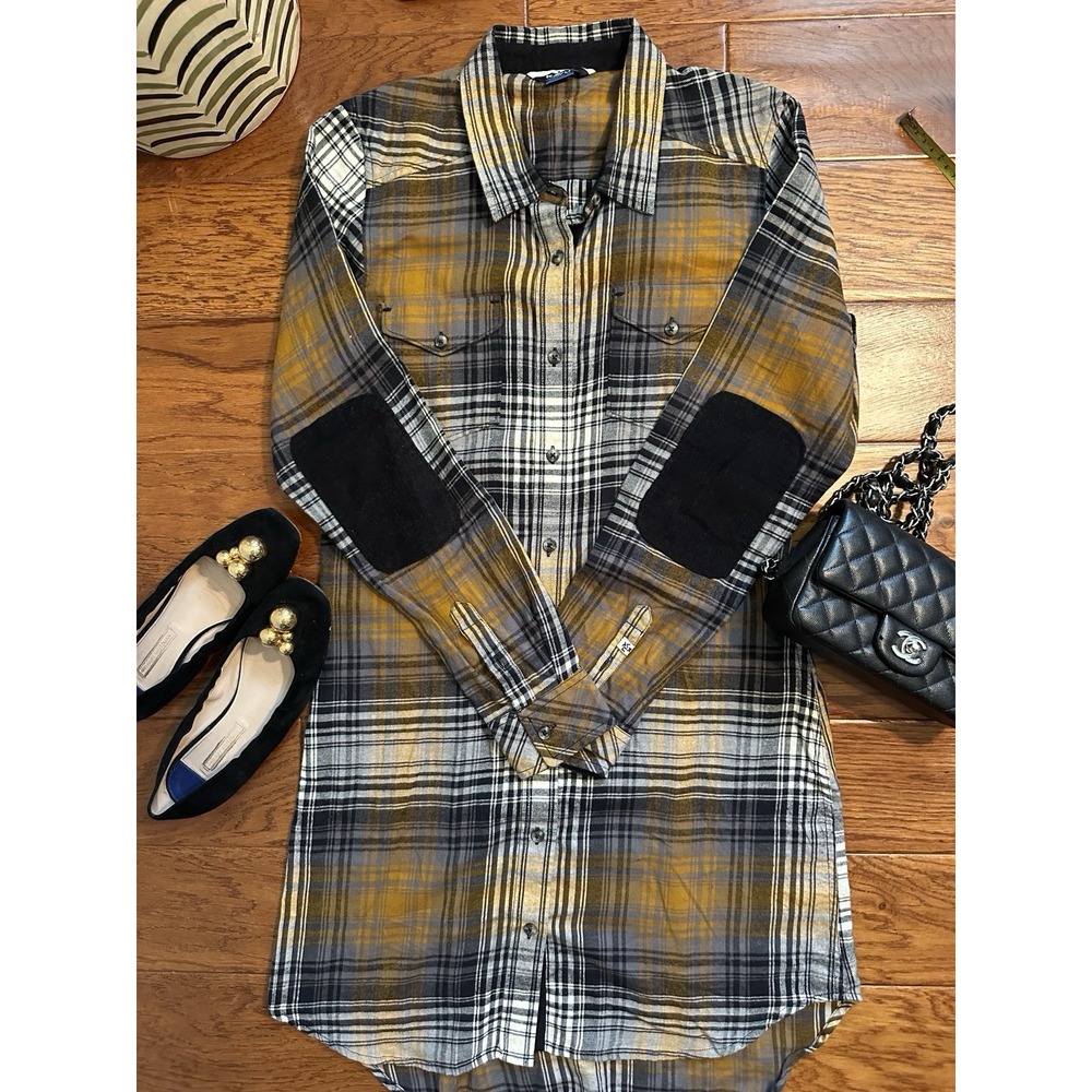 KAVU Womens M Plaid Flannel Shirt Dress Mustard Yellow Grey Elbow Patch Cotton